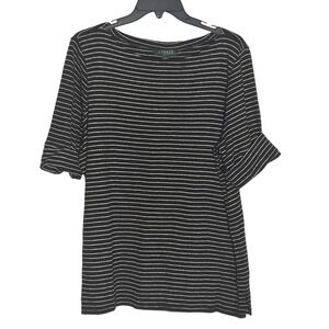 Lauren Ralph Lauren Striped Boat Neck Short Sleeve Top, Black Gold 2X